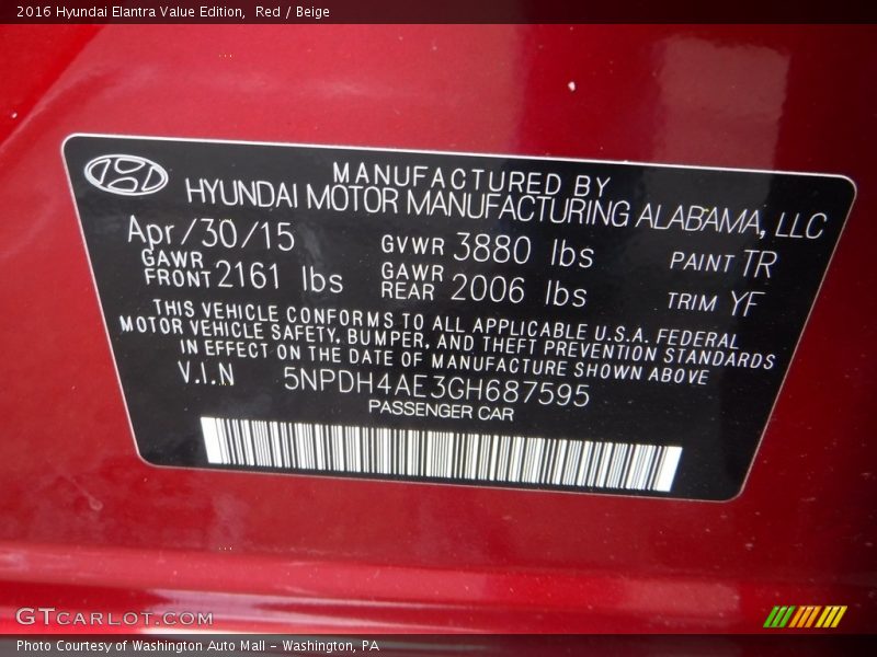 Red / Beige 2016 Hyundai Elantra Value Edition