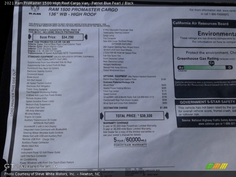  2021 ProMaster 1500 High Roof Cargo Van Window Sticker