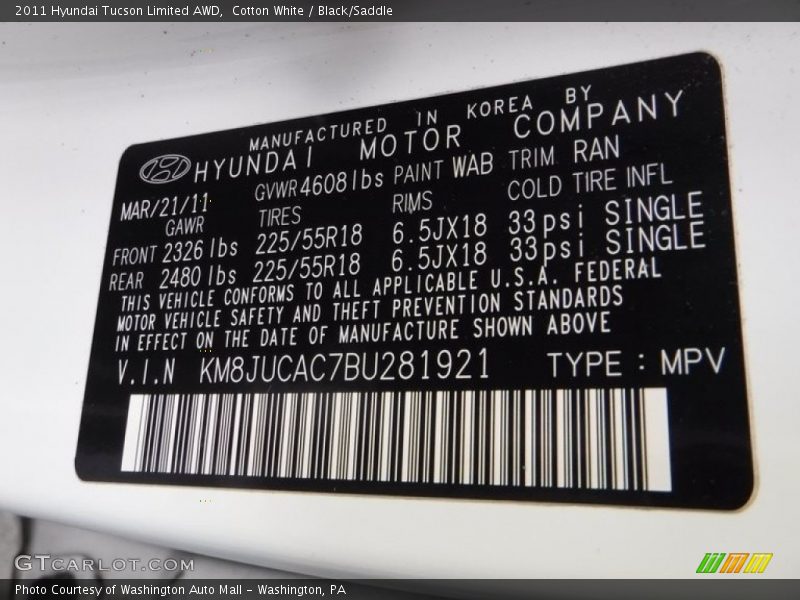 Cotton White / Black/Saddle 2011 Hyundai Tucson Limited AWD