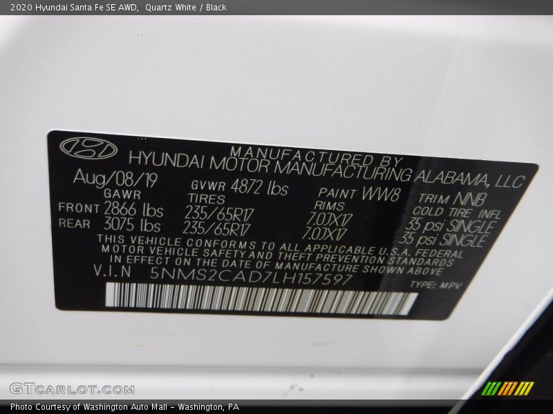 Quartz White / Black 2020 Hyundai Santa Fe SE AWD
