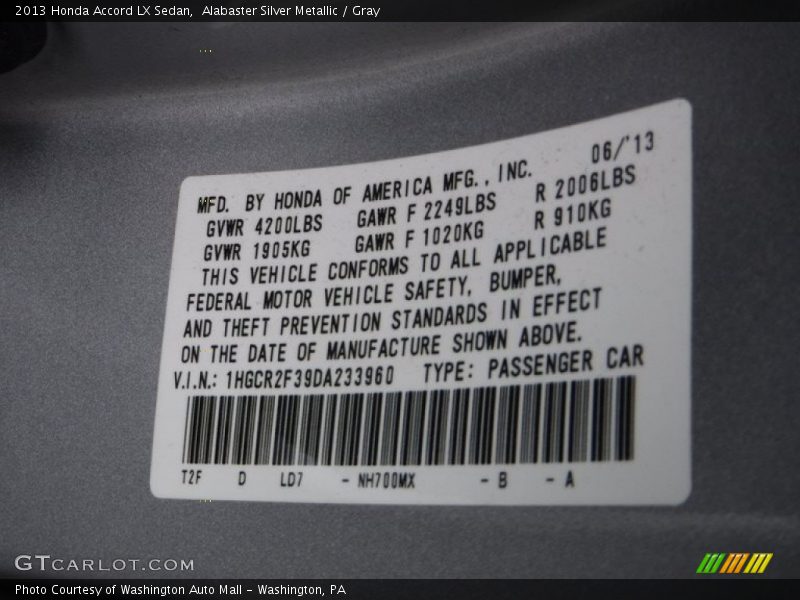 Alabaster Silver Metallic / Gray 2013 Honda Accord LX Sedan