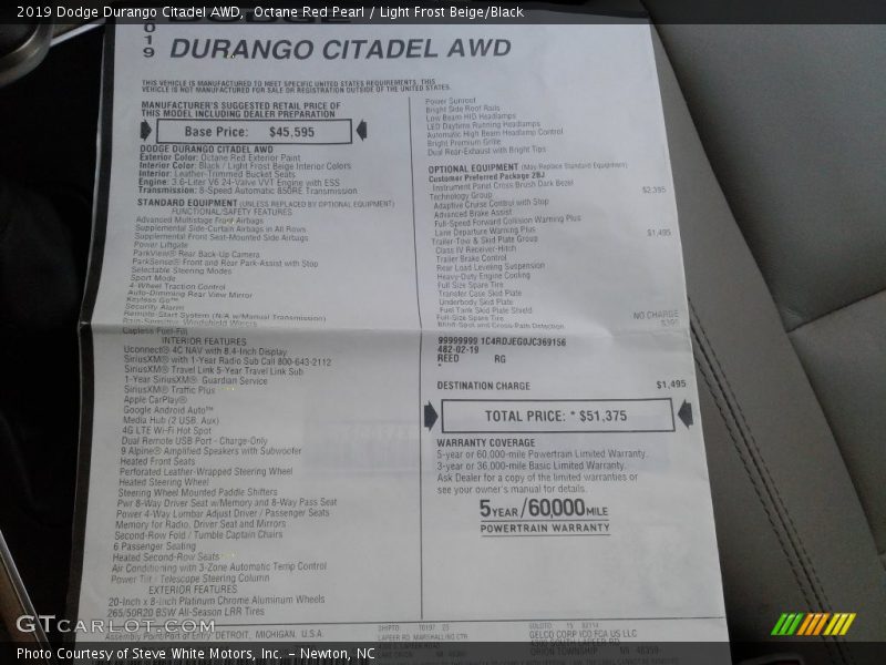 Octane Red Pearl / Light Frost Beige/Black 2019 Dodge Durango Citadel AWD
