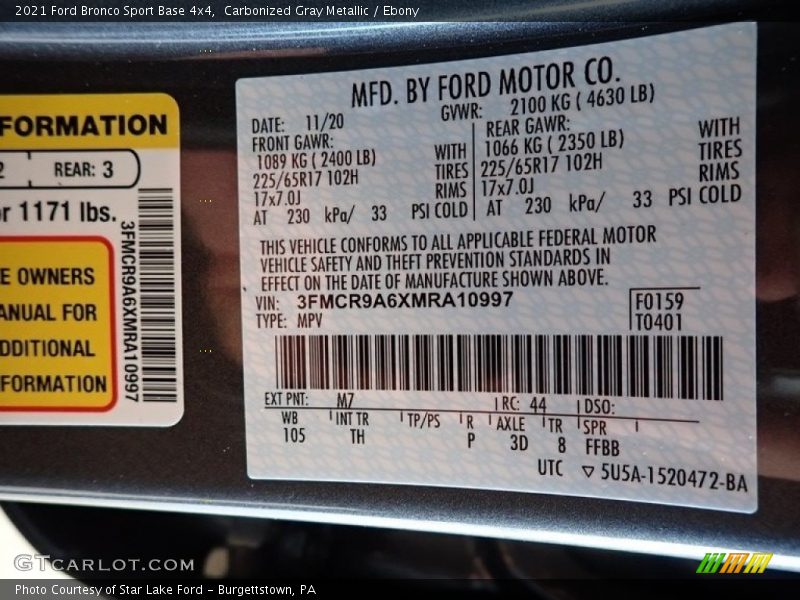 2021 Bronco Sport Base 4x4 Carbonized Gray Metallic Color Code M7