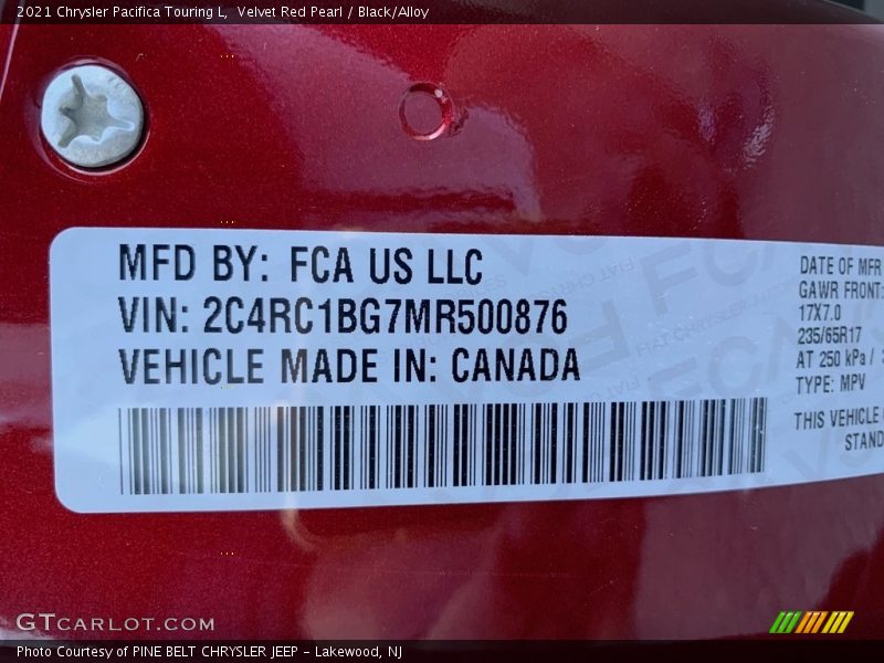 Velvet Red Pearl / Black/Alloy 2021 Chrysler Pacifica Touring L