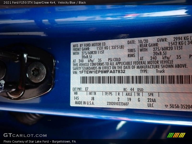 Velocity Blue / Black 2021 Ford F150 STX SuperCrew 4x4