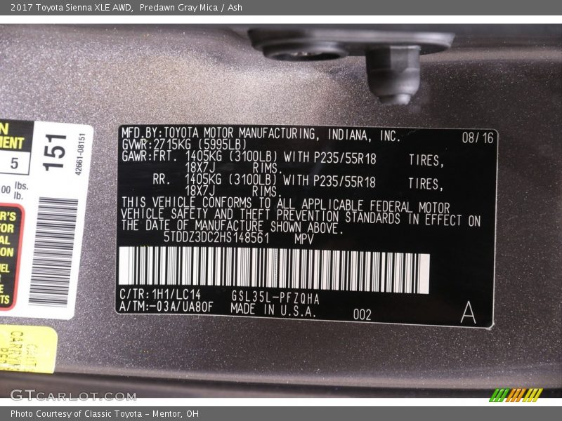Predawn Gray Mica / Ash 2017 Toyota Sienna XLE AWD