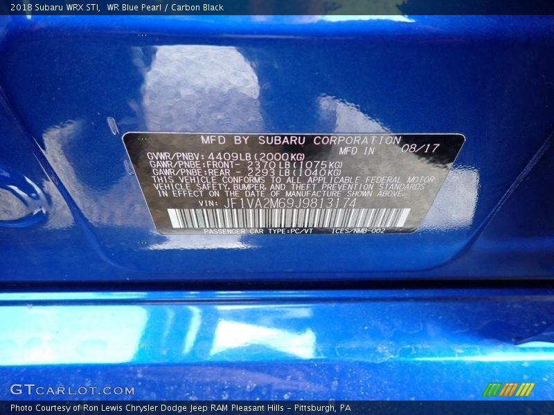 WR Blue Pearl / Carbon Black 2018 Subaru WRX STI