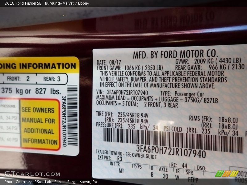 Burgundy Velvet / Ebony 2018 Ford Fusion SE