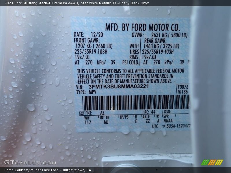 2021 Mustang Mach-E Premium eAWD Star White Metallic Tri-Coat Color Code AZ