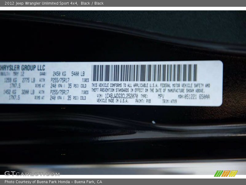 Black / Black 2012 Jeep Wrangler Unlimited Sport 4x4