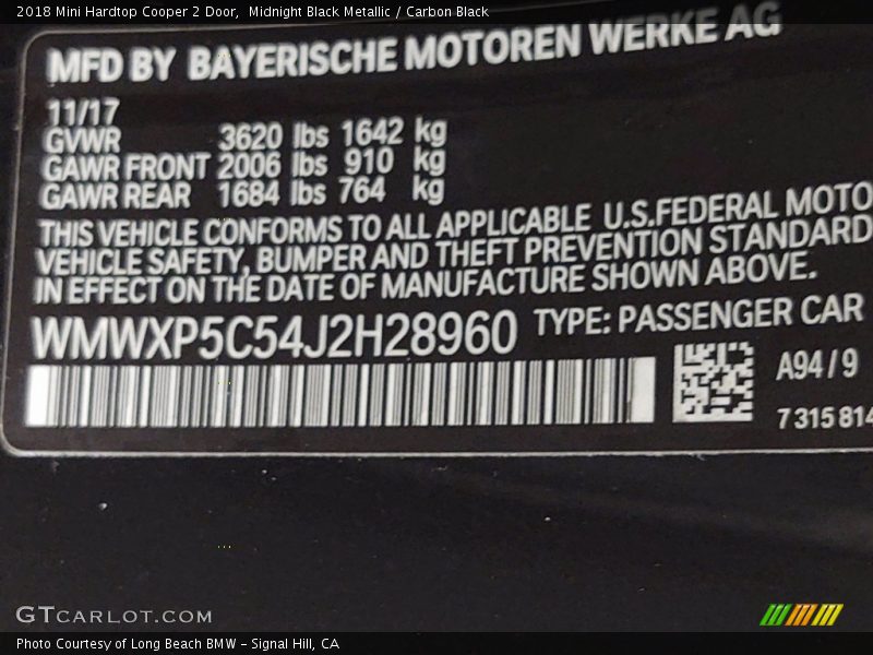 Midnight Black Metallic / Carbon Black 2018 Mini Hardtop Cooper 2 Door