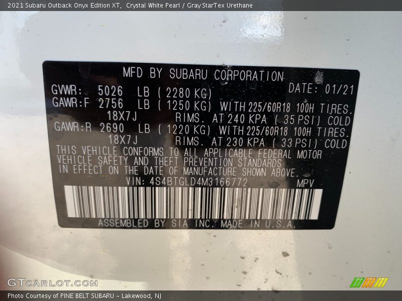 Crystal White Pearl / Gray StarTex Urethane 2021 Subaru Outback Onyx Edition XT