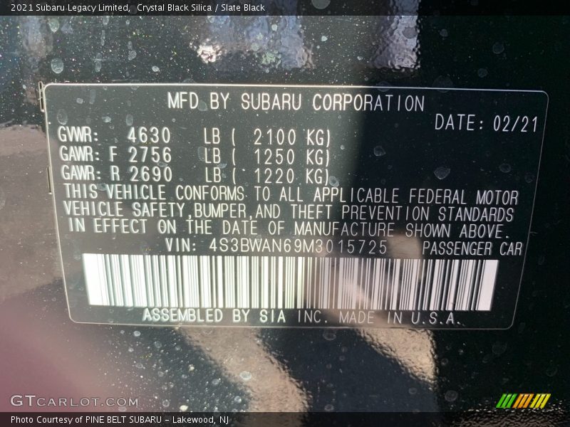 Crystal Black Silica / Slate Black 2021 Subaru Legacy Limited