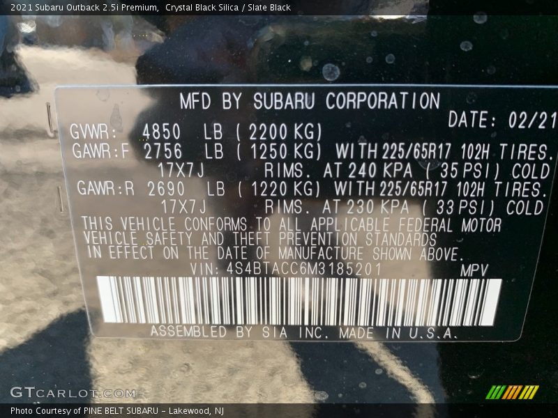 Crystal Black Silica / Slate Black 2021 Subaru Outback 2.5i Premium