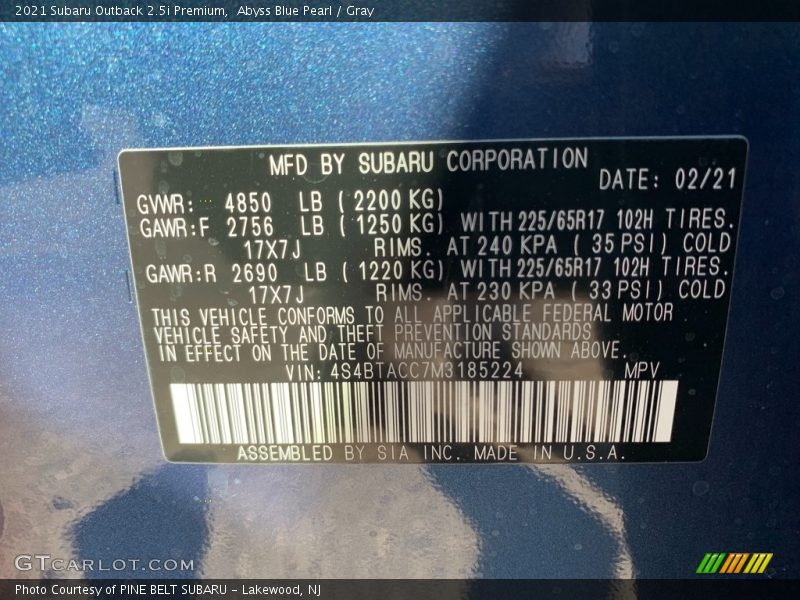 Abyss Blue Pearl / Gray 2021 Subaru Outback 2.5i Premium