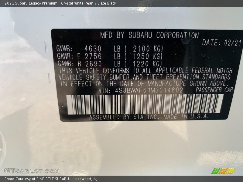 Crystal White Pearl / Slate Black 2021 Subaru Legacy Premium