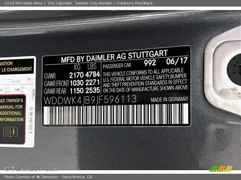 2018 C 300 Cabriolet Selenite Grey Metallic Color Code 992