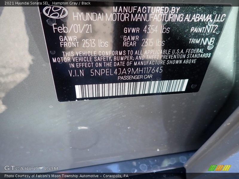 2021 Sonata SEL Hampton Gray Color Code NT2