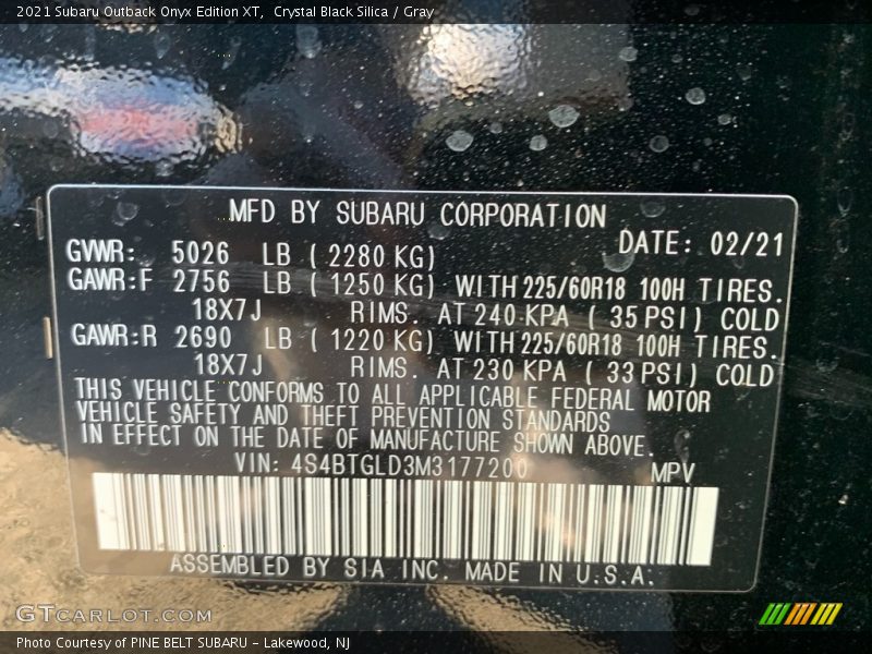 Crystal Black Silica / Gray 2021 Subaru Outback Onyx Edition XT