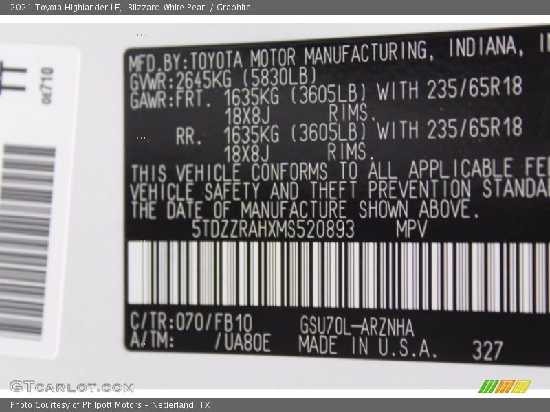 Blizzard White Pearl / Graphite 2021 Toyota Highlander LE