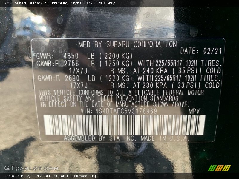 Crystal Black Silica / Gray 2021 Subaru Outback 2.5i Premium