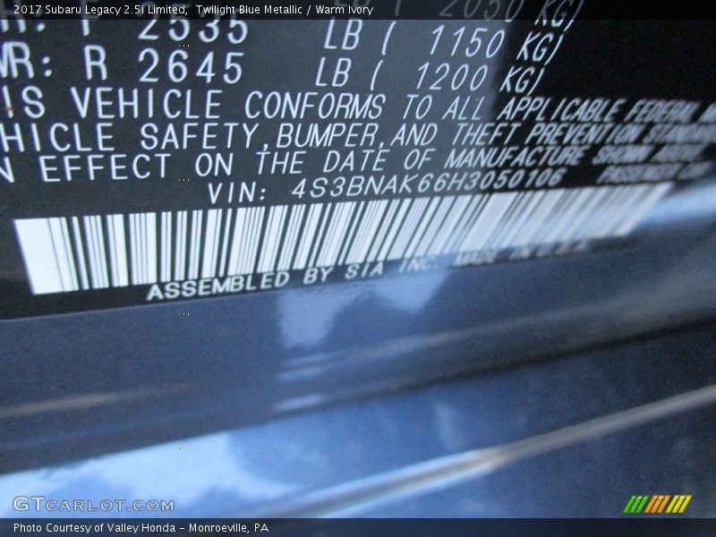 Twilight Blue Metallic / Warm Ivory 2017 Subaru Legacy 2.5i Limited