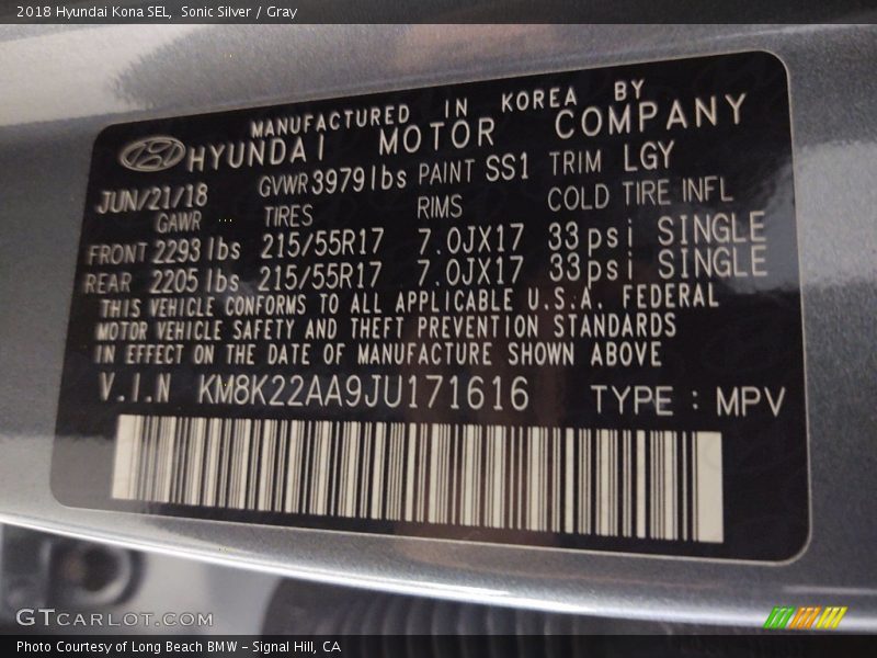 2018 Kona SEL Sonic Silver Color Code SS1