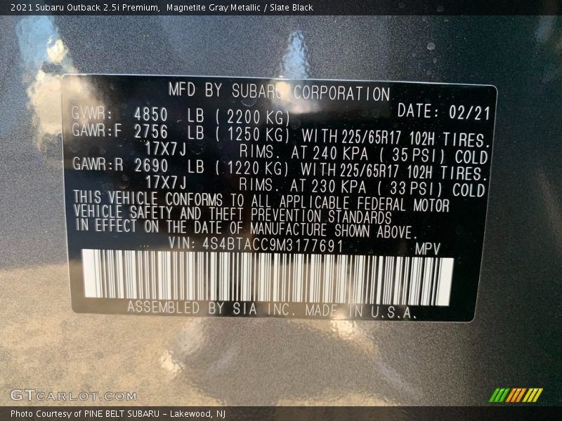 Magnetite Gray Metallic / Slate Black 2021 Subaru Outback 2.5i Premium