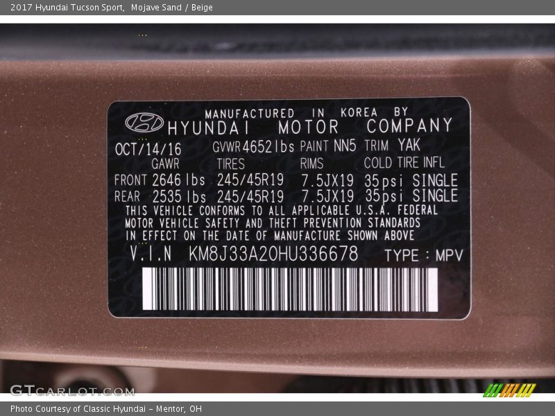 Mojave Sand / Beige 2017 Hyundai Tucson Sport