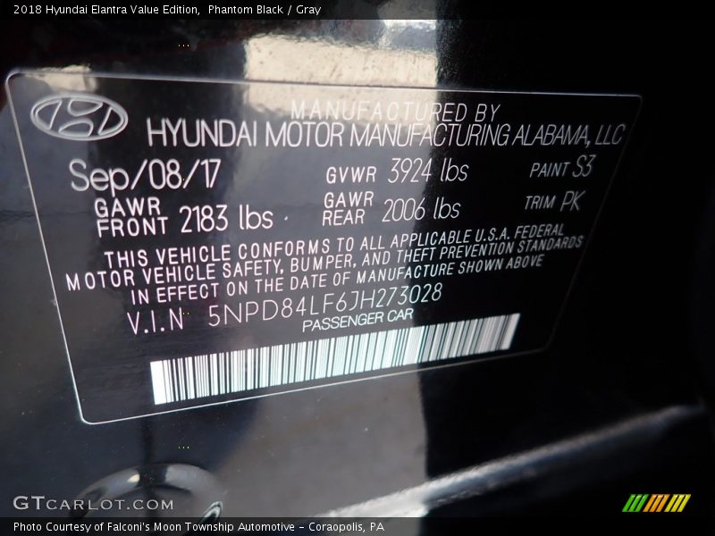 Phantom Black / Gray 2018 Hyundai Elantra Value Edition