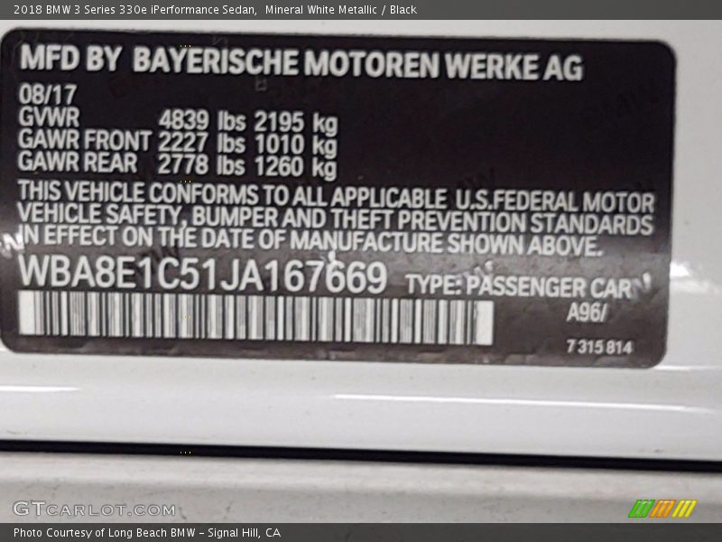 Mineral White Metallic / Black 2018 BMW 3 Series 330e iPerformance Sedan