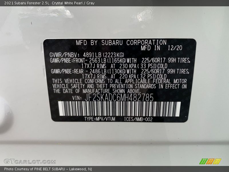 Crystal White Pearl / Gray 2021 Subaru Forester 2.5i