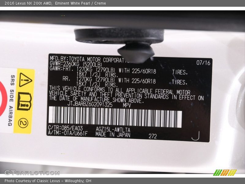 2016 NX 200t AWD Eminent White Pearl Color Code 085