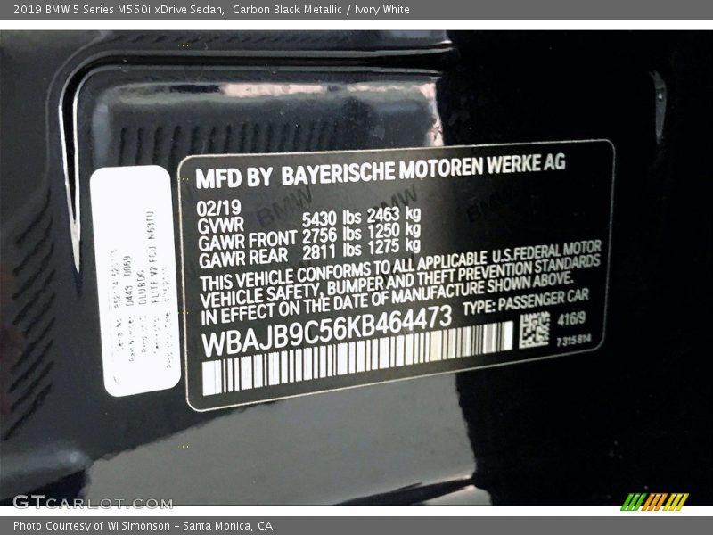 2019 5 Series M550i xDrive Sedan Carbon Black Metallic Color Code 416