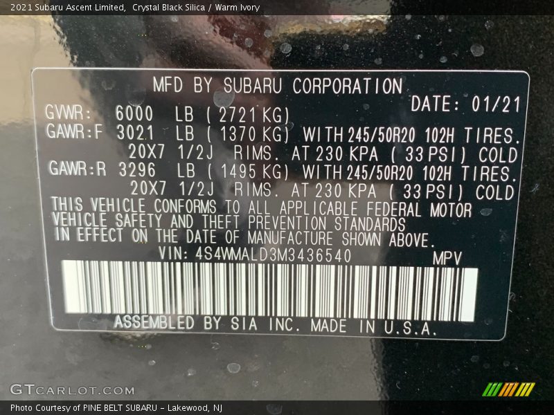 Crystal Black Silica / Warm Ivory 2021 Subaru Ascent Limited