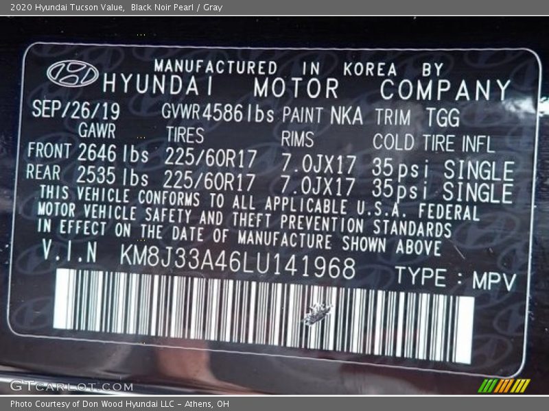 Black Noir Pearl / Gray 2020 Hyundai Tucson Value