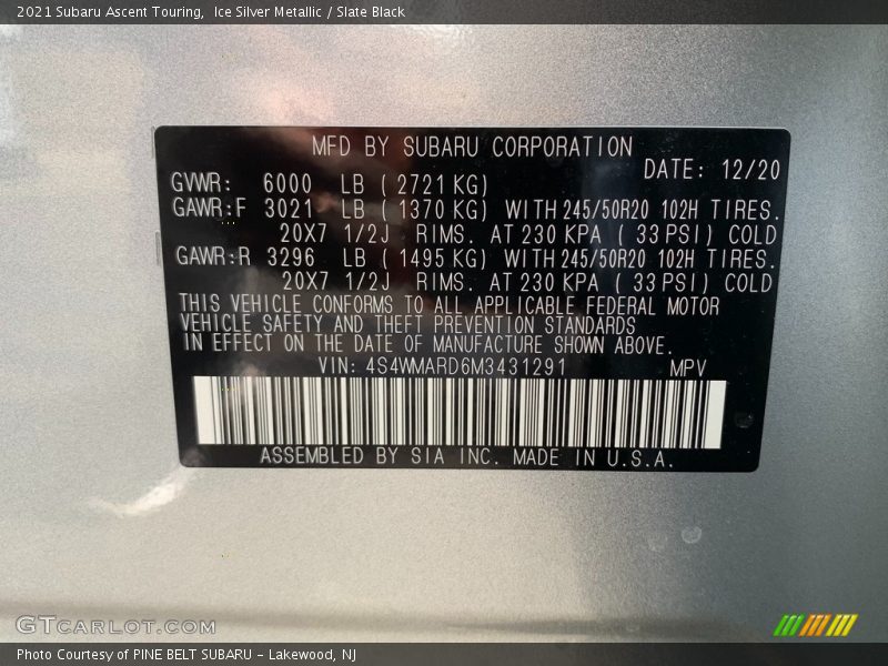 Ice Silver Metallic / Slate Black 2021 Subaru Ascent Touring