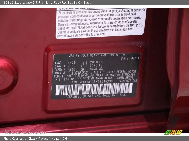 Ruby Red Pearl / Off-Black 2011 Subaru Legacy 2.5i Premium