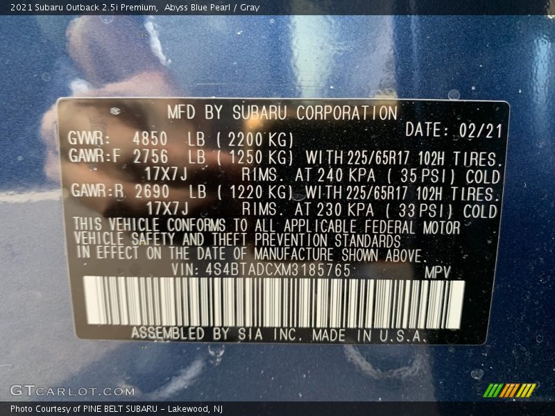Abyss Blue Pearl / Gray 2021 Subaru Outback 2.5i Premium