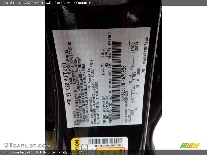 2018 MKZ Premier AWD Black Velvet Color Code G1