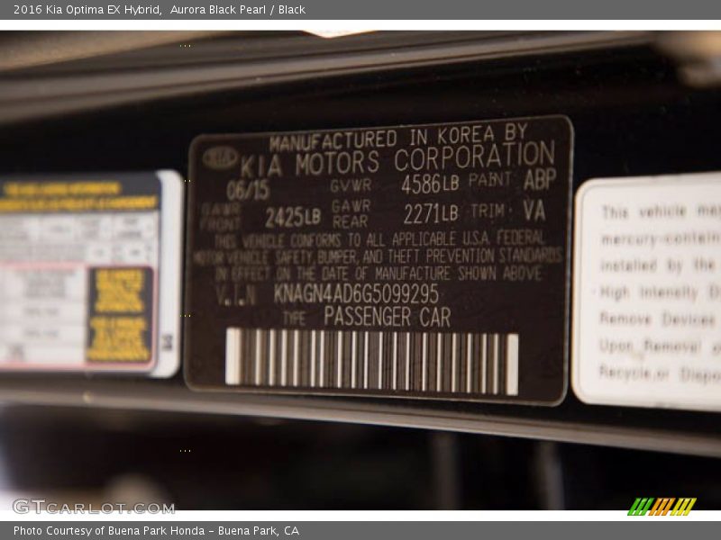 2016 Optima EX Hybrid Aurora Black Pearl Color Code ABP