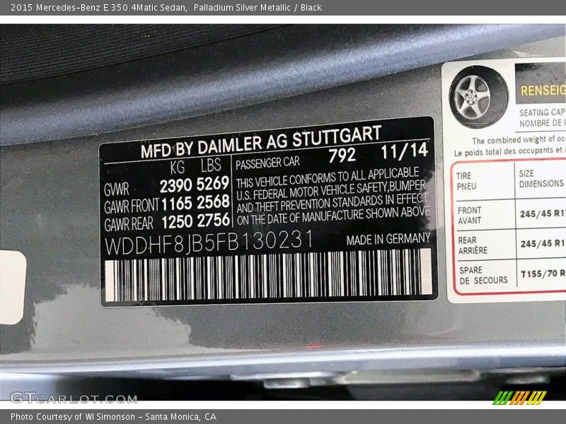 2015 E 350 4Matic Sedan Palladium Silver Metallic Color Code 792