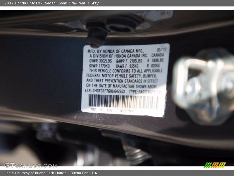 Sonic Gray Pearl / Gray 2017 Honda Civic EX-L Sedan