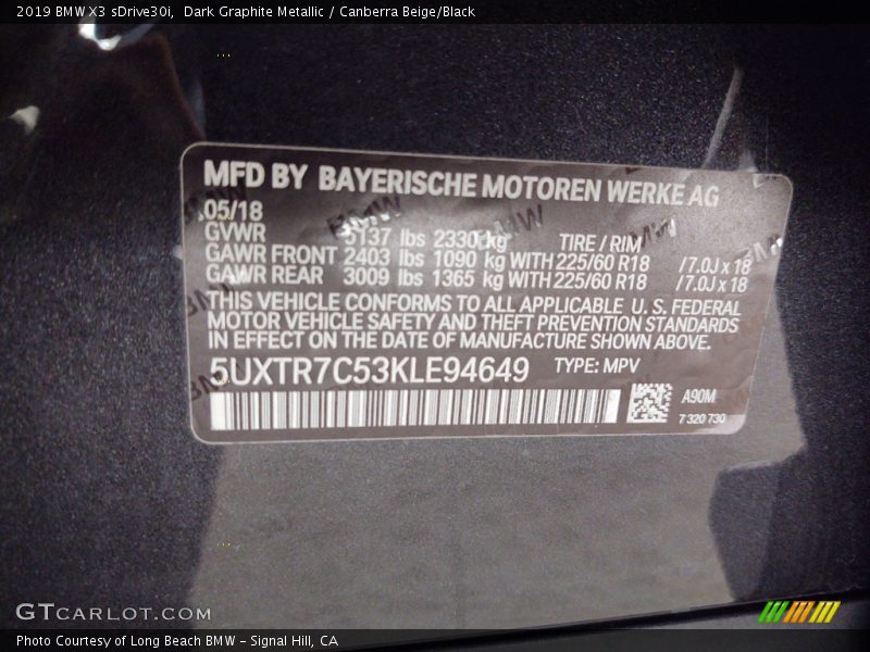 Dark Graphite Metallic / Canberra Beige/Black 2019 BMW X3 sDrive30i