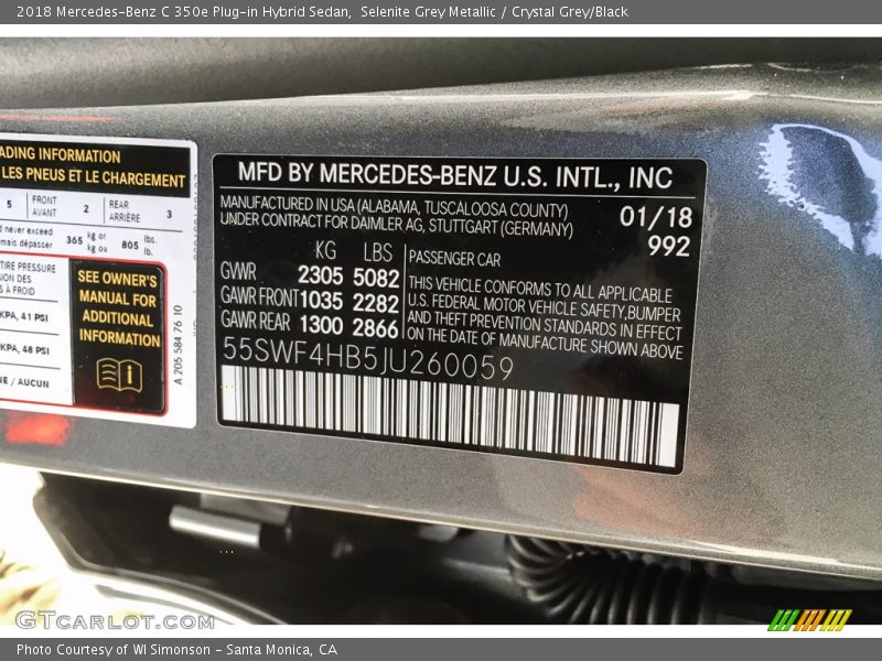 Selenite Grey Metallic / Crystal Grey/Black 2018 Mercedes-Benz C 350e Plug-in Hybrid Sedan