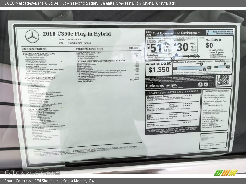 Selenite Grey Metallic / Crystal Grey/Black 2018 Mercedes-Benz C 350e Plug-in Hybrid Sedan