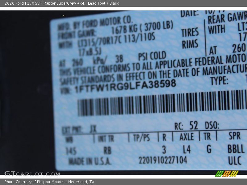 2020 F150 SVT Raptor SuperCrew 4x4 Lead Foot Color Code JX