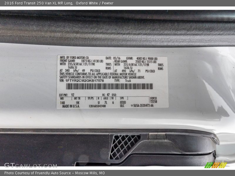Oxford White / Pewter 2016 Ford Transit 250 Van XL MR Long