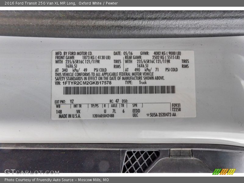2016 Transit 250 Van XL MR Long Oxford White Color Code YZ