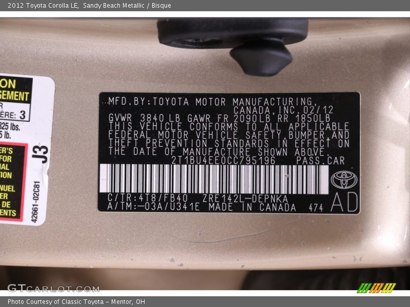 Sandy Beach Metallic / Bisque 2012 Toyota Corolla LE